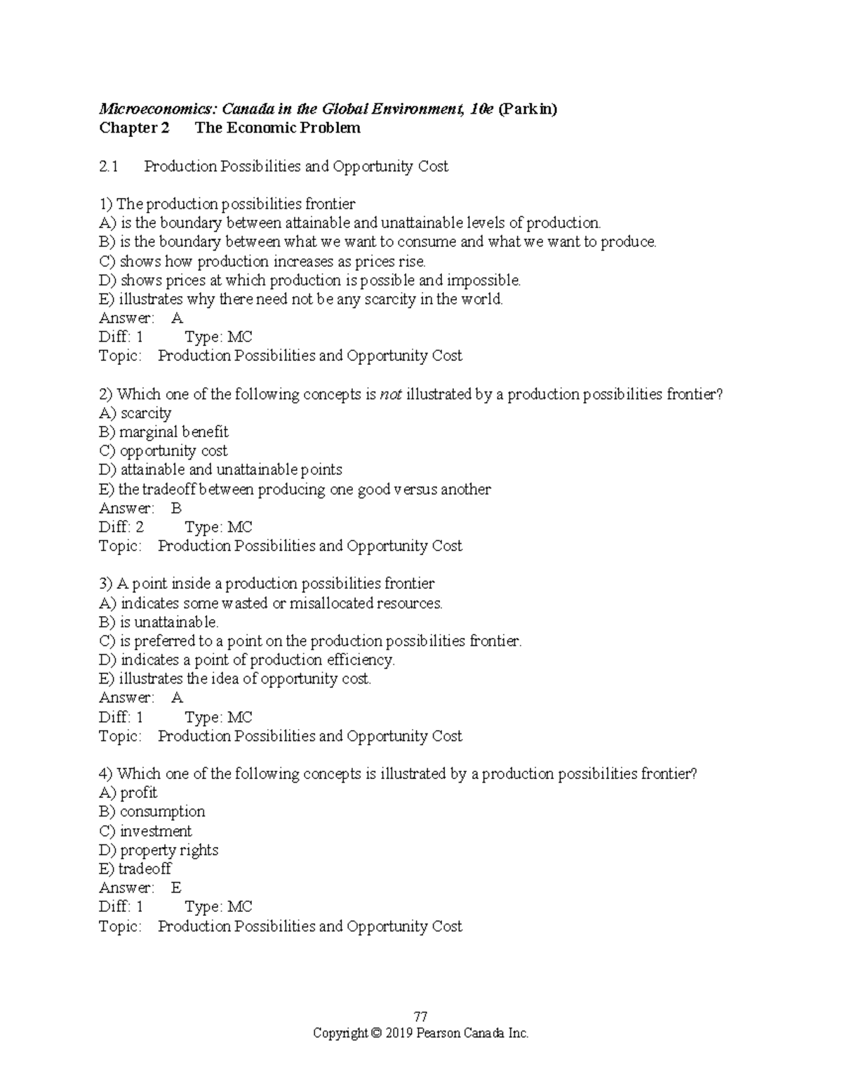 Econ 1021 Chapter 2 Testbank: Production Possibilities & Opportunity ...
