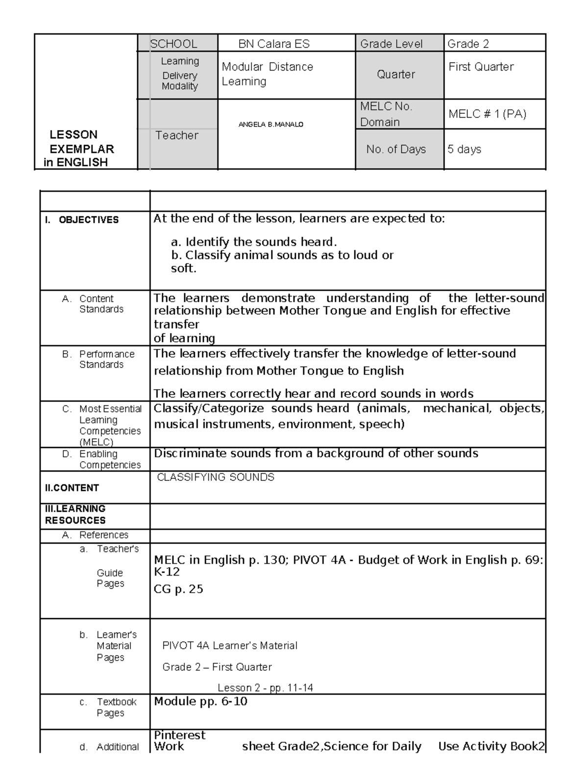 LE ENG2 MELC1 - Proposal - SCHOOL BN Calara ES Grade Level Grade 2 ...