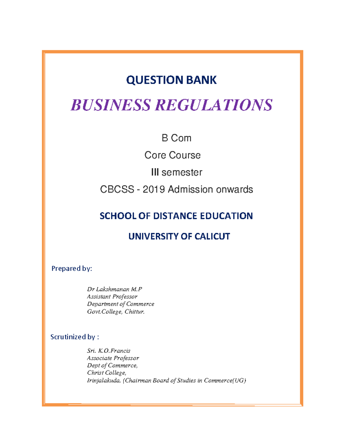 MCQ Question Bank: Business Regulations B Com Core Course CBCSS 2019 ...