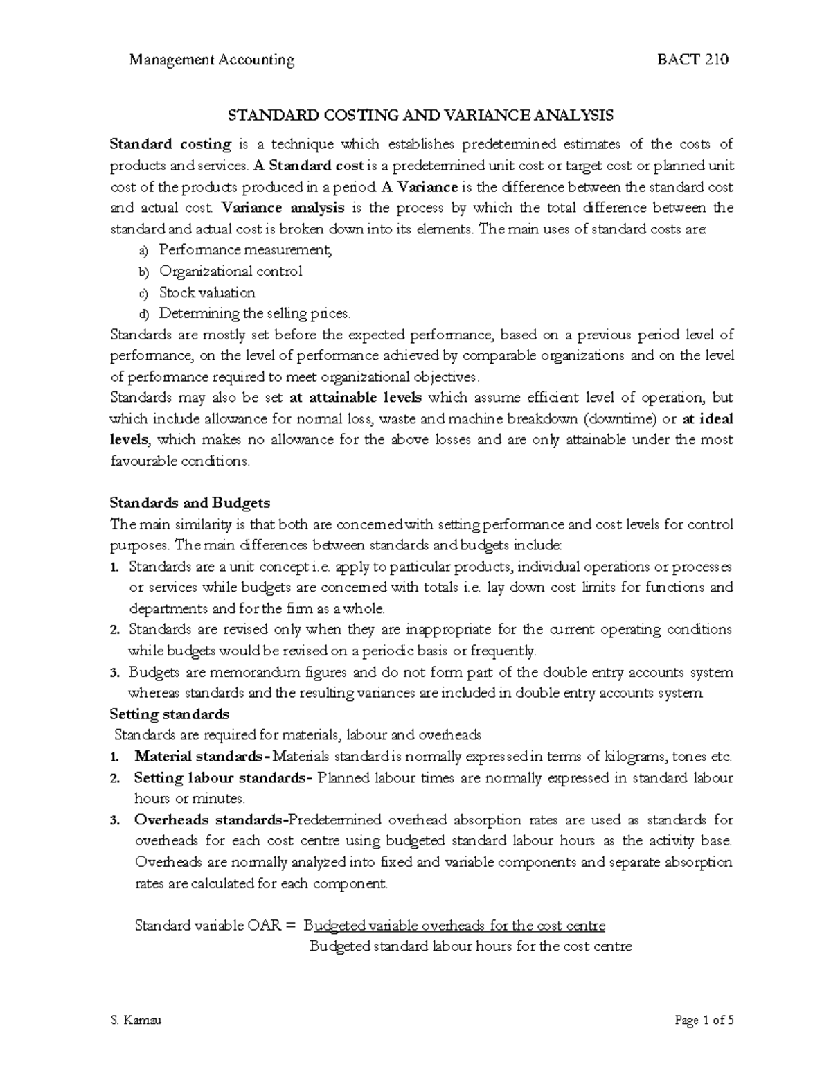 Standard Costing and Variance Analysis: A Comprehensive Overview - Studocu