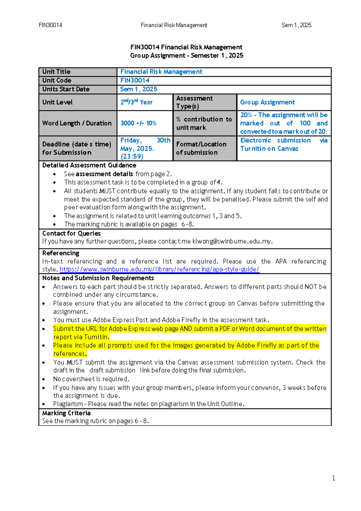 FIN30014 Financial Risk Management Group Assignment Sem 1, 2025 - Studocu