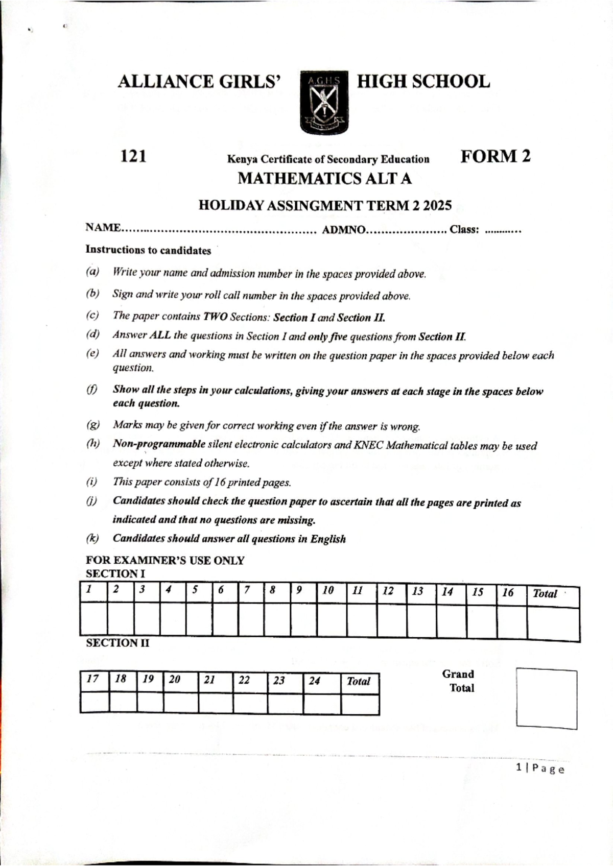 Form 2 Mathematics Holiday Assignment ALT A Term 2 2025 - Studocu