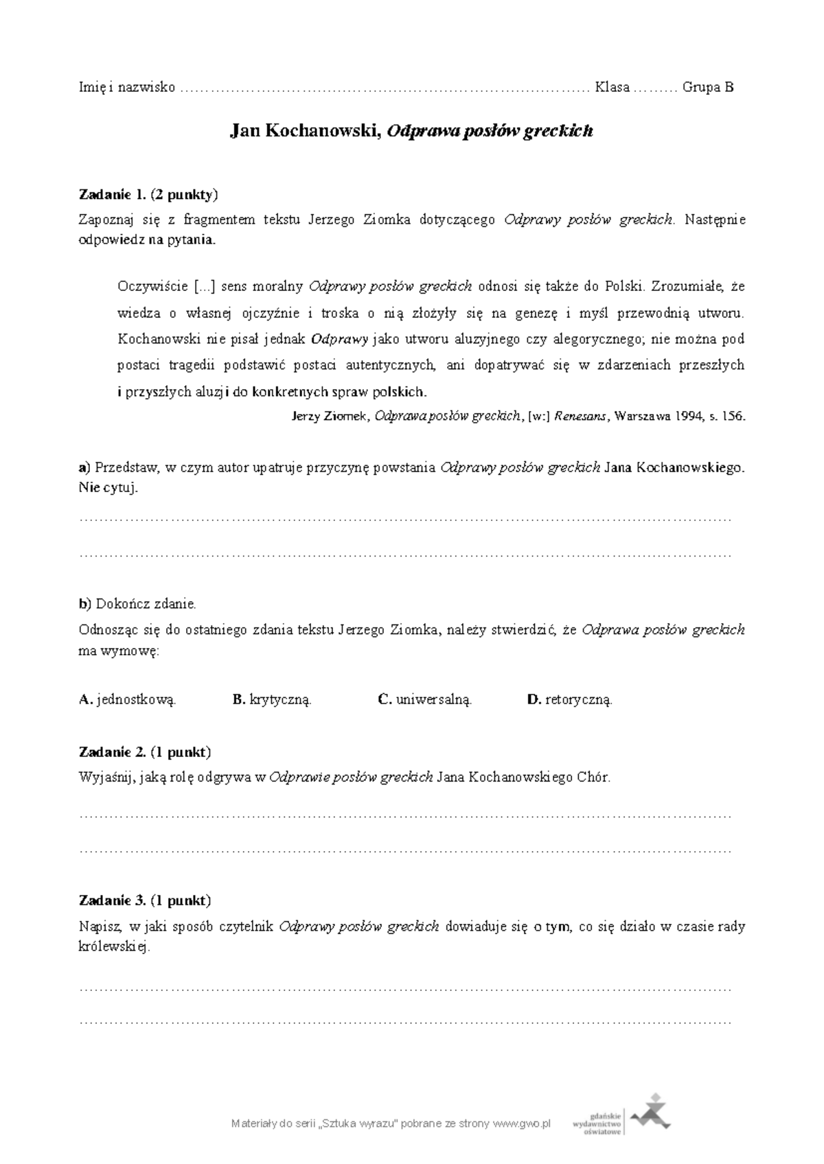 Odprawa posłów greckich - Analiza i pytania dla Grupy B - Studocu