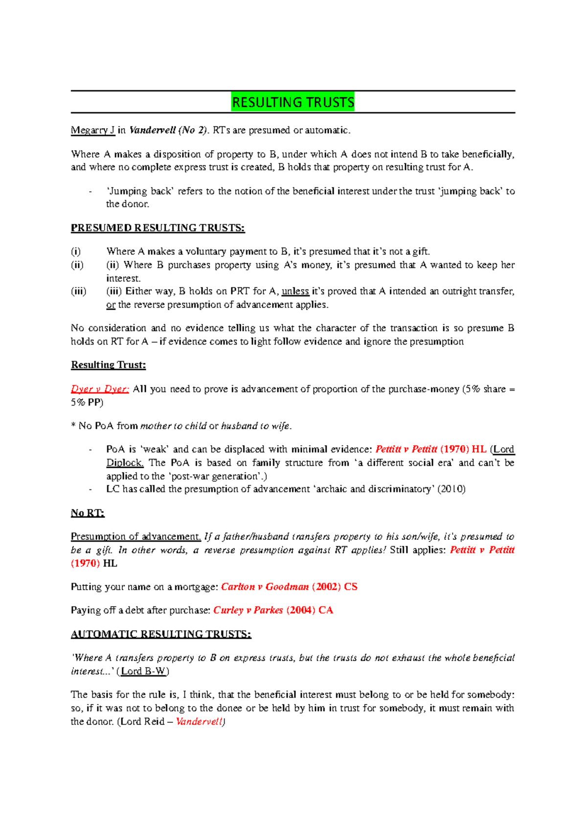 Resulting Trusts Overview: Key Principles & Case Law Insights - Studocu