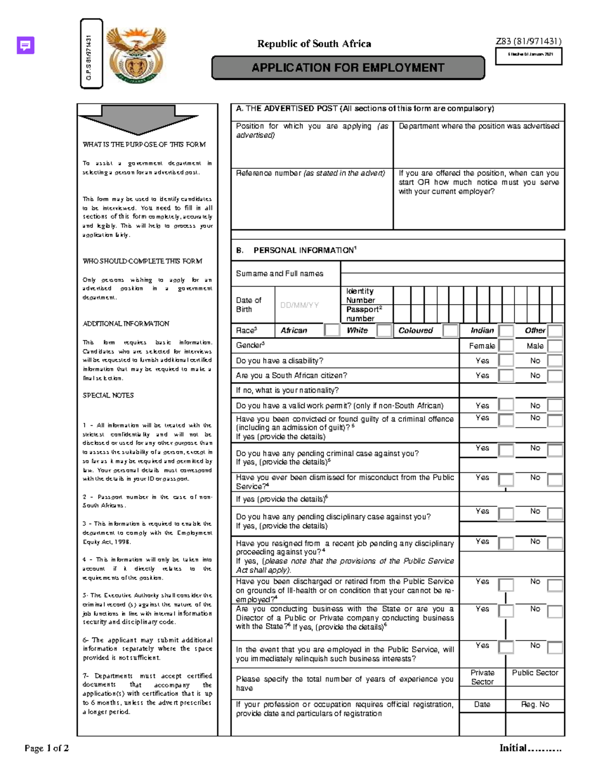 Z83 Application for Employment - Republic of South Africa (Editable Jan ...