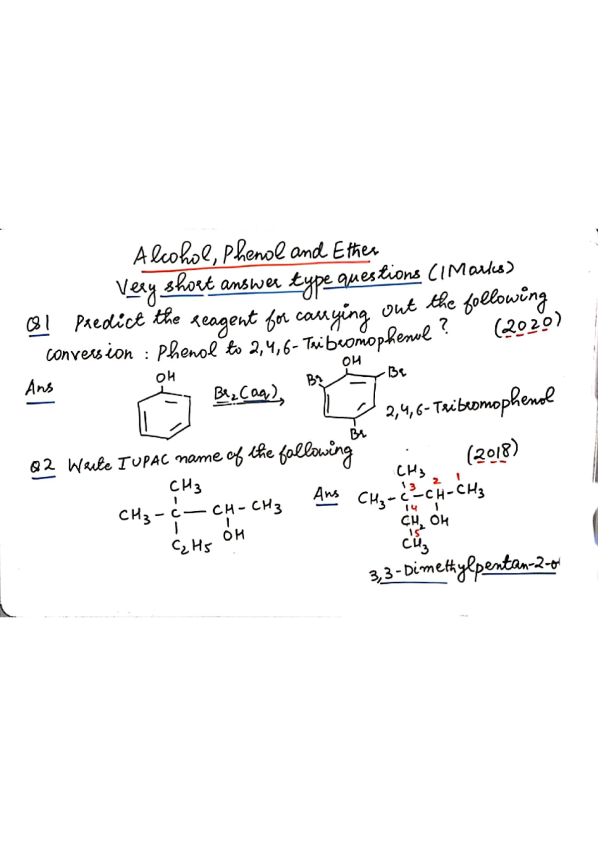 Alcohol phenol and ether pyq - A Acchol Phenol and Ether Very short ...