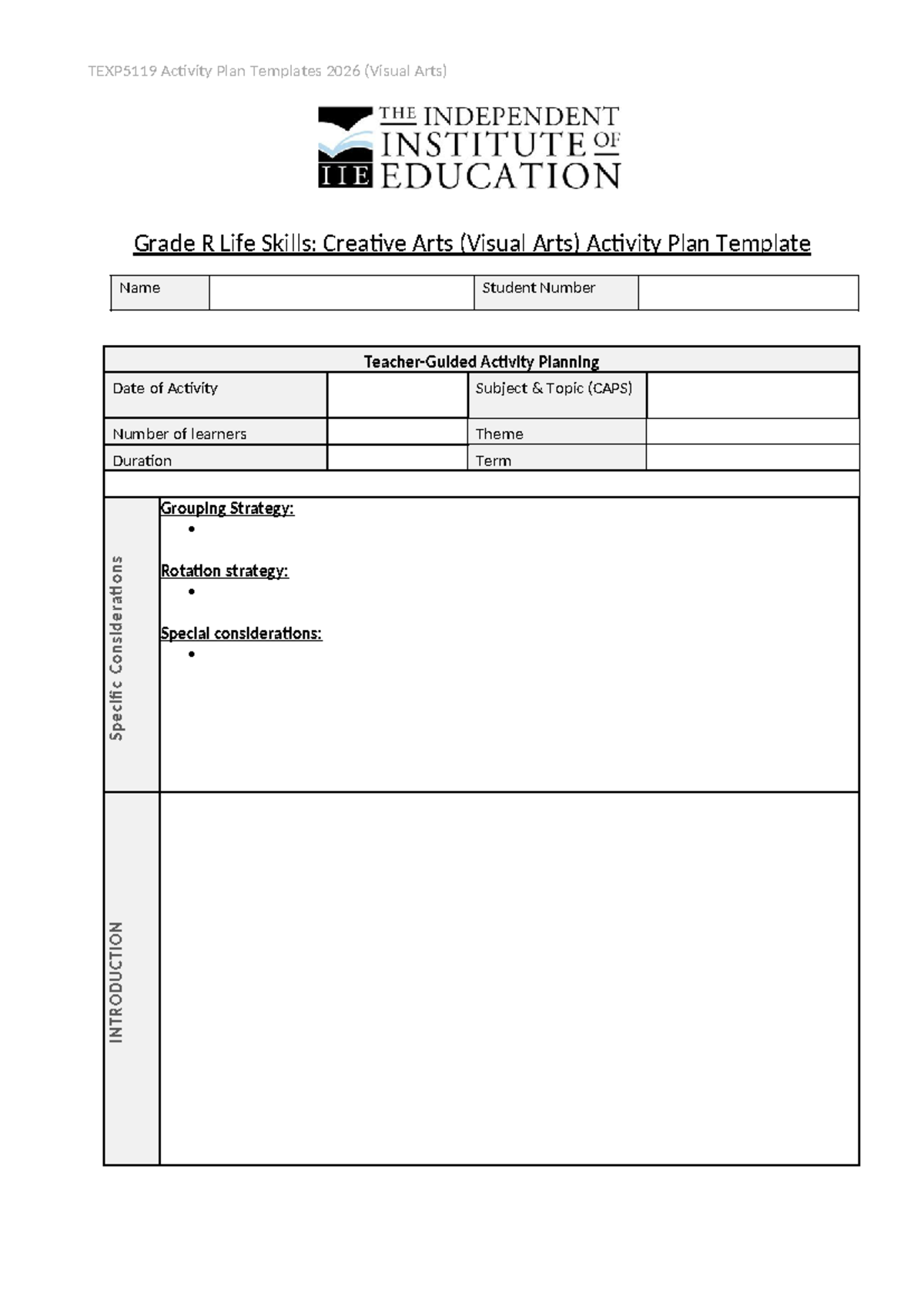 TEXP5119 Grade R Life Skills Visual Arts Activity Plan Template - Studocu