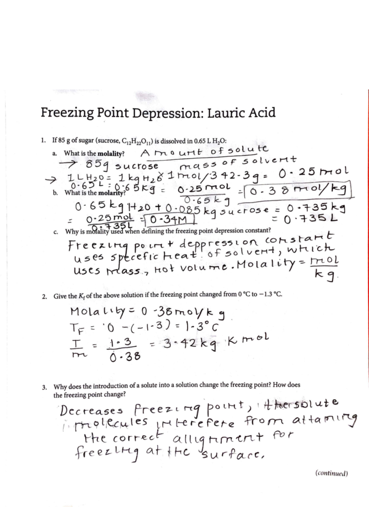 Freezing point pre lab - Name TA and Lab Section Freezing P. oint ...