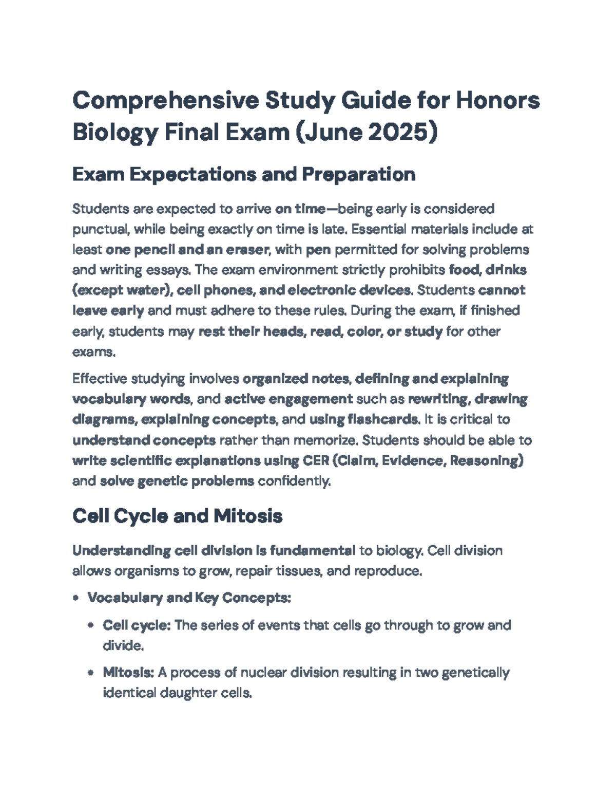 Comprehensive Study Guide for Honors Biology Final Exam (June 2025 ...