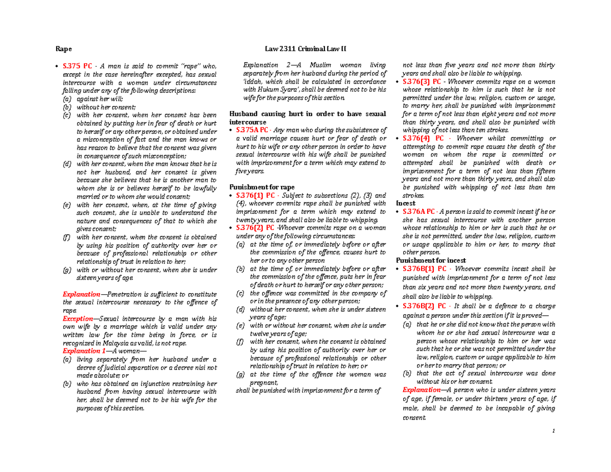 9 - Rape - Rape lecture notes - Rape Law 2311 Criminal Law II S PC - A ...