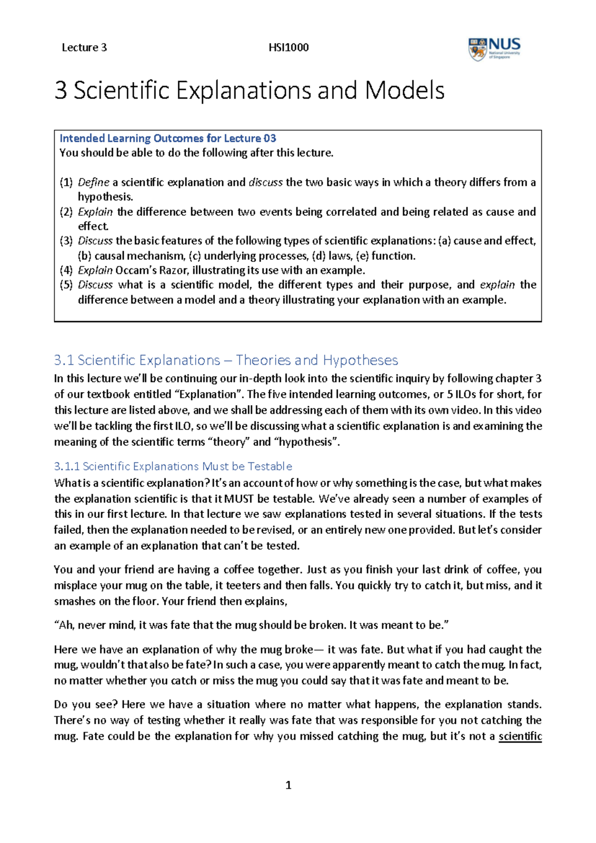 L03 Lecture 3: Scientific Explanations, Models & Learning Outcomes ...