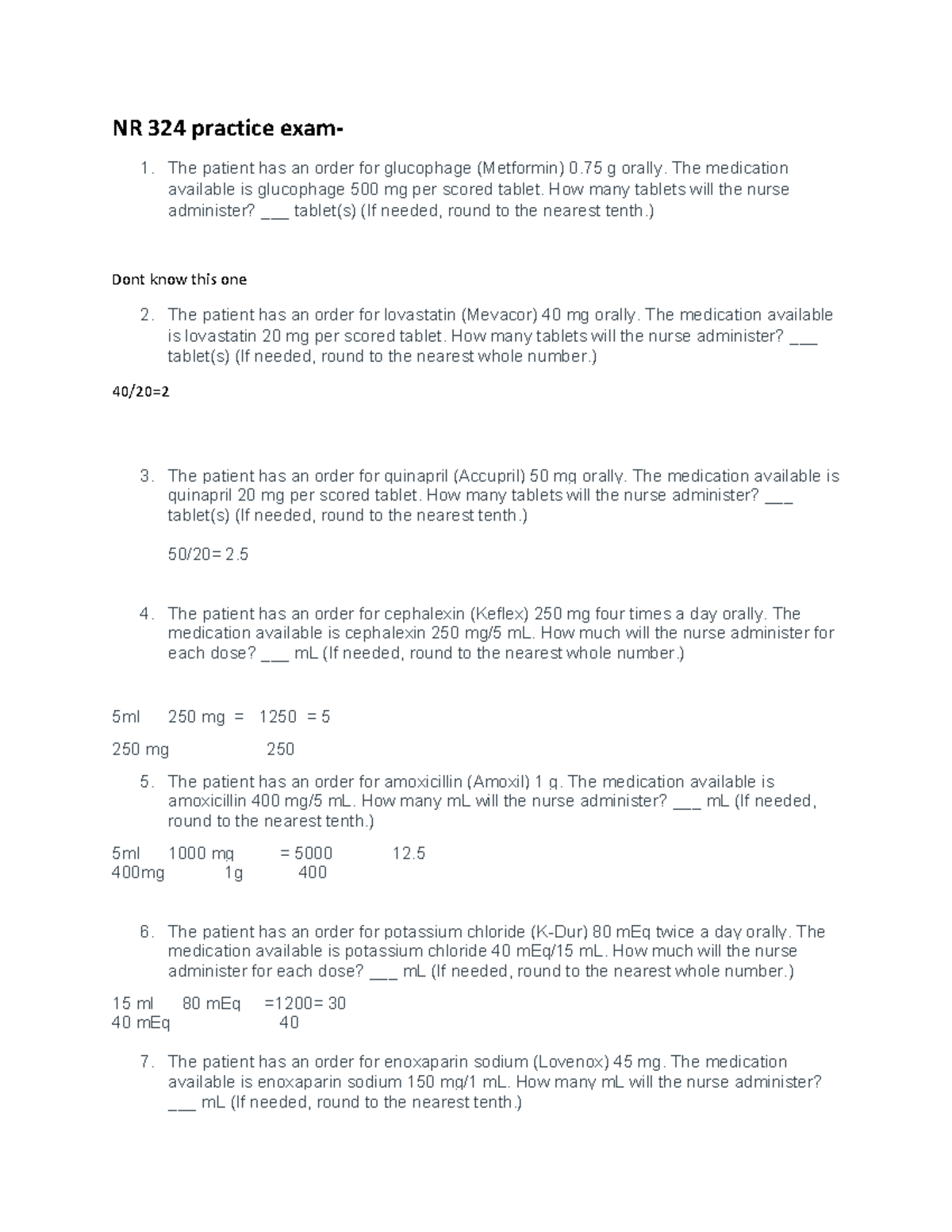 NR 324 Math Practice Exam 1: Medication Dosage Calculations - Studocu