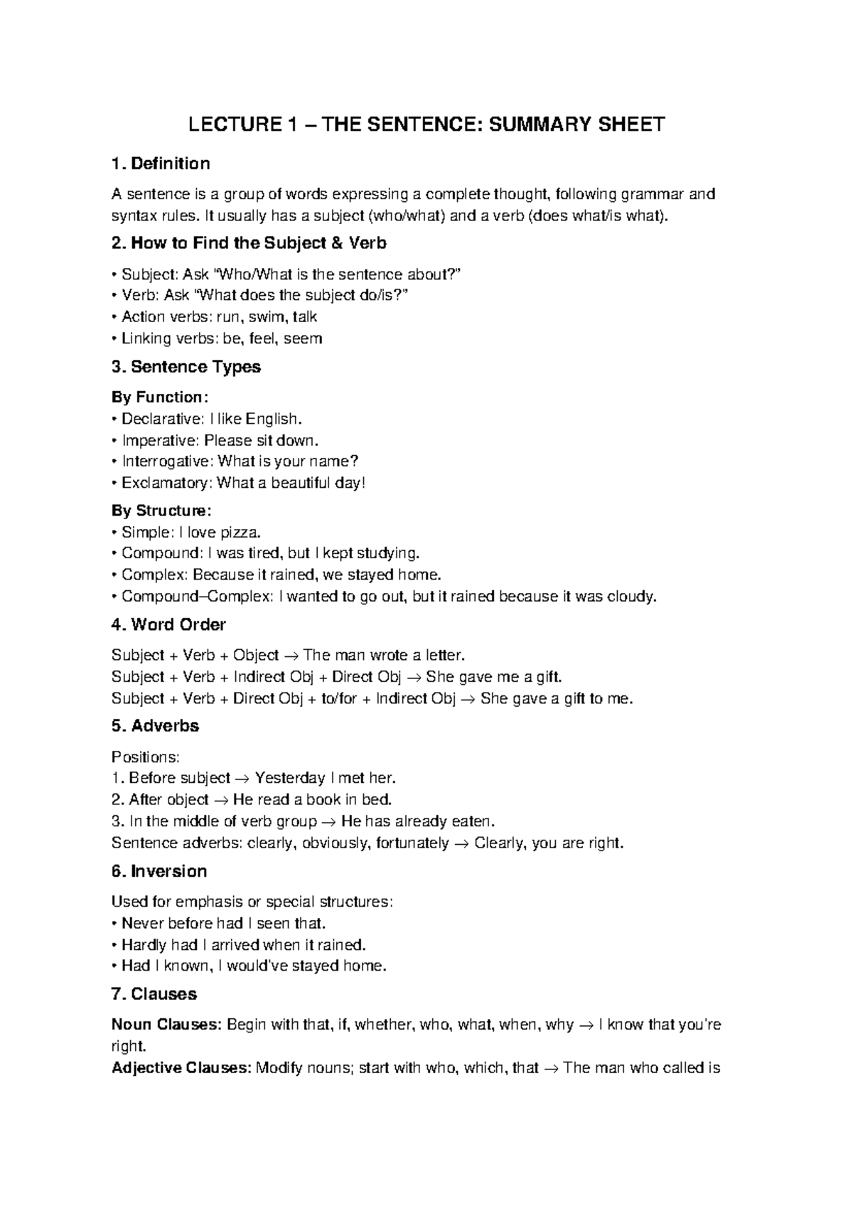 LECTURE 1: THE SENTENCE - SUMMARY SHEET & KEY CONCEPTS - Studocu