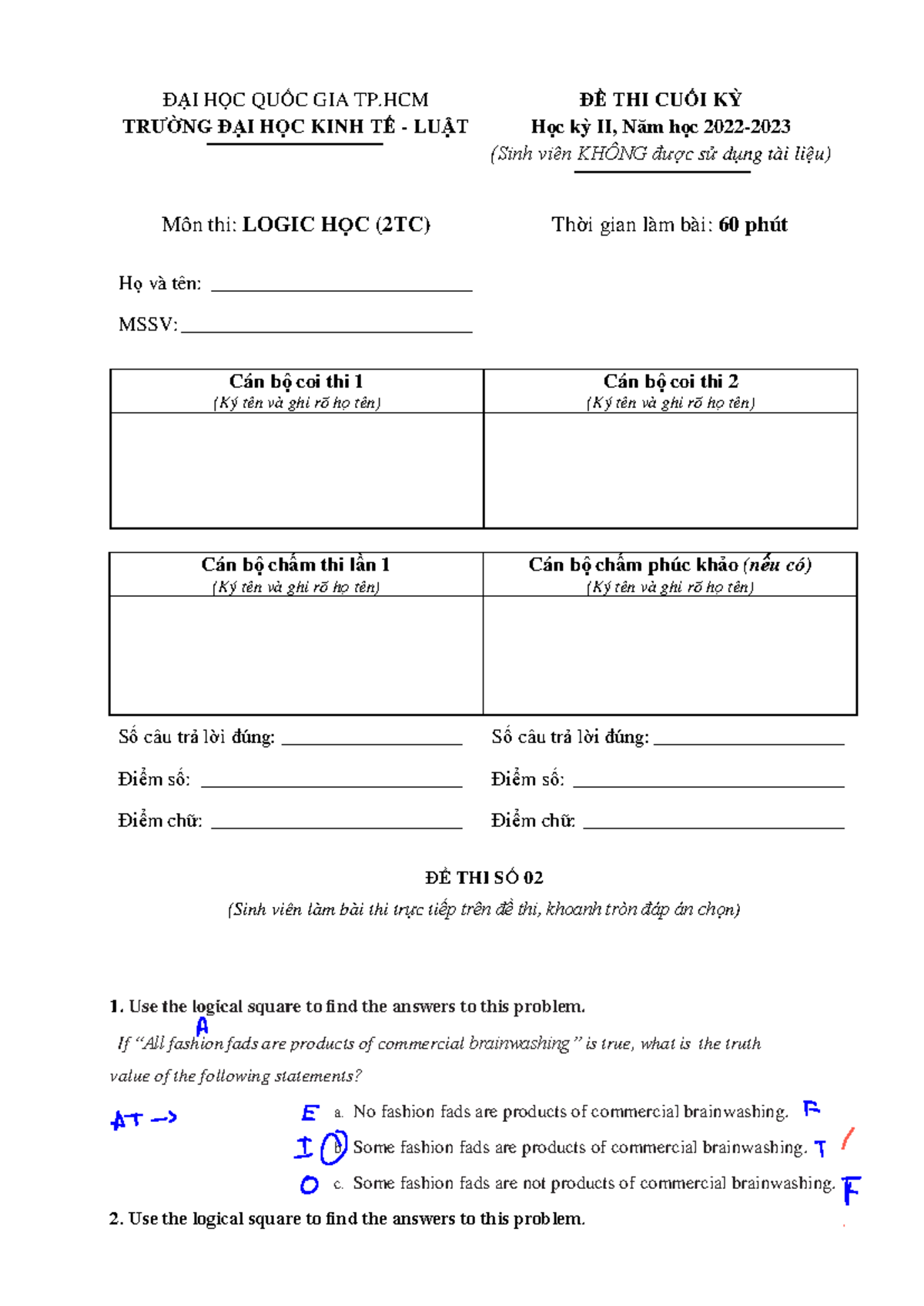 HK1 2023-2024 Final Exam on Logic (2TC) - Practice and Answer Key - Studocu