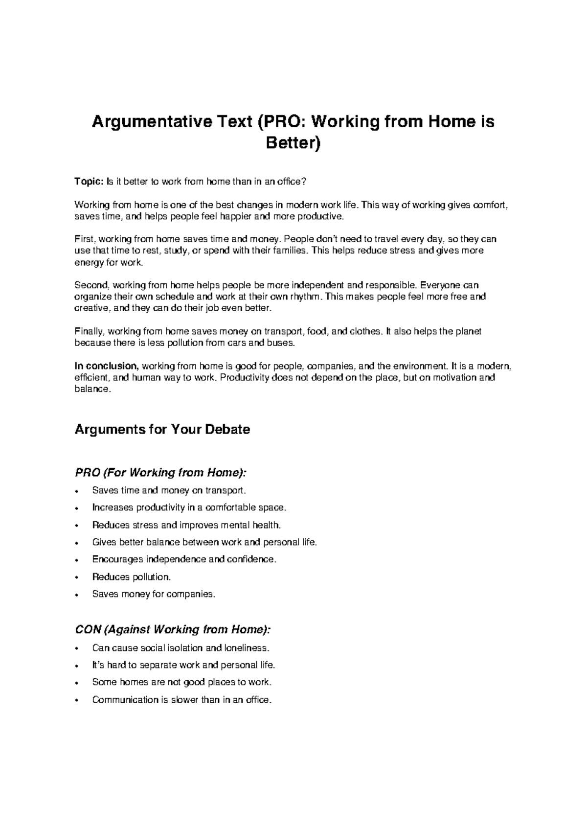Working from Home Debate: PRO Arguments for Remote Work - Studocu
