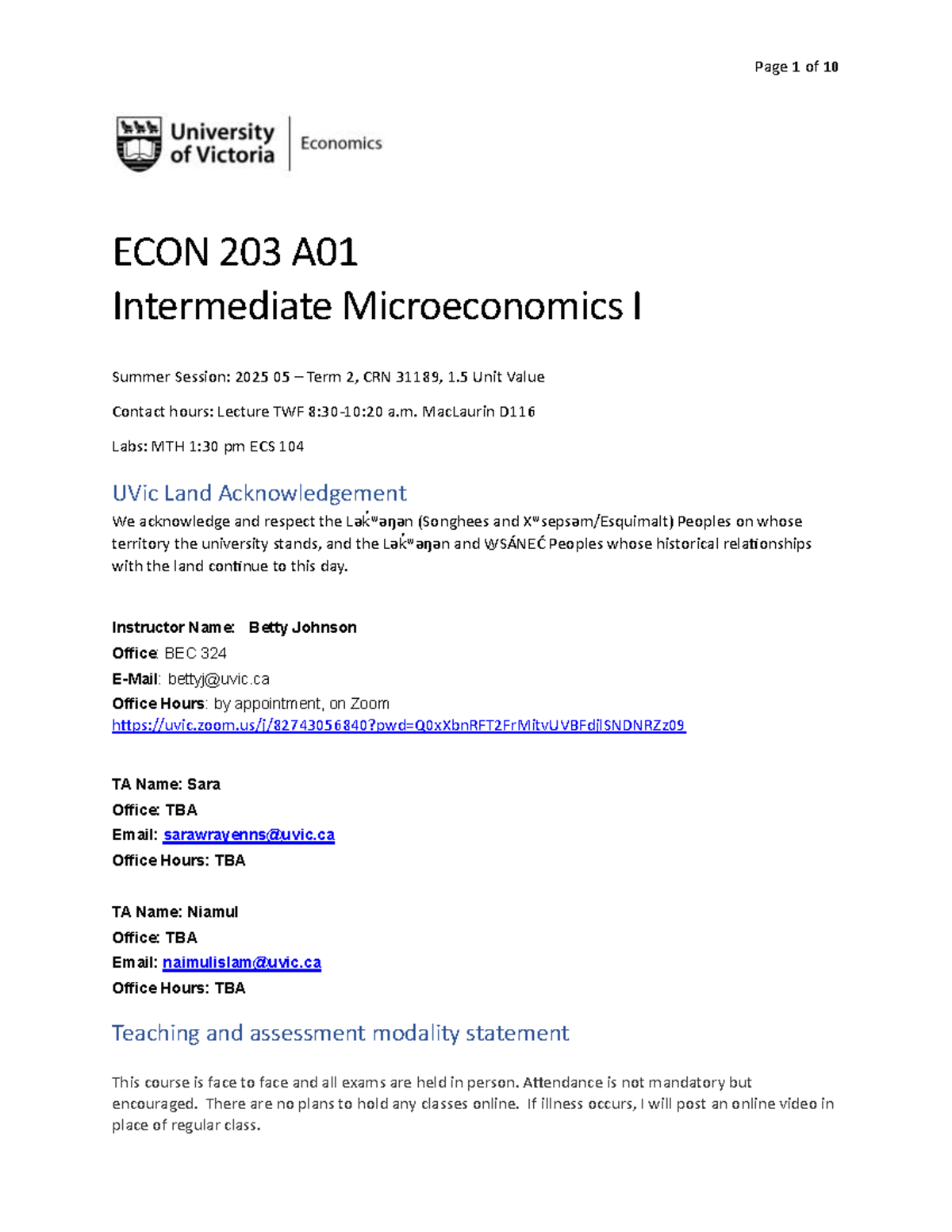 ECON 203 A01 Course Outline: Intermediate Microeconomics I - Summer ...