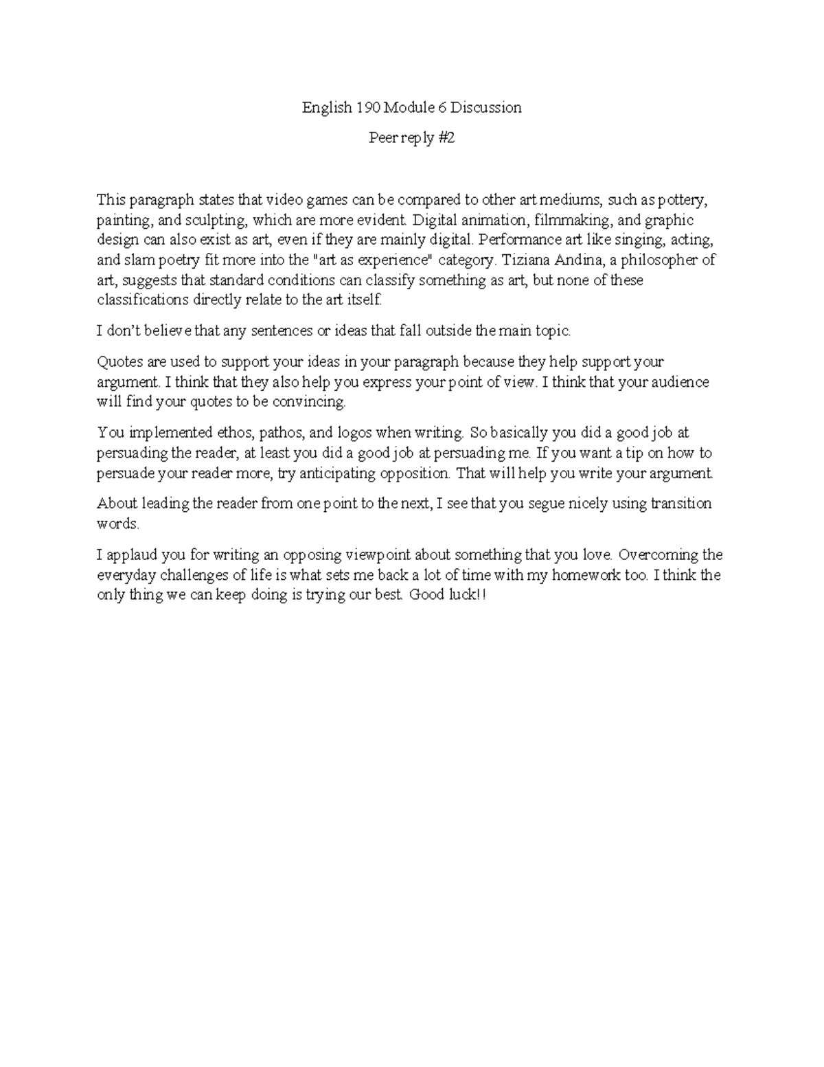 English 190 Module 6 Discussion - English 190 Module 6 Discussion Peer ...