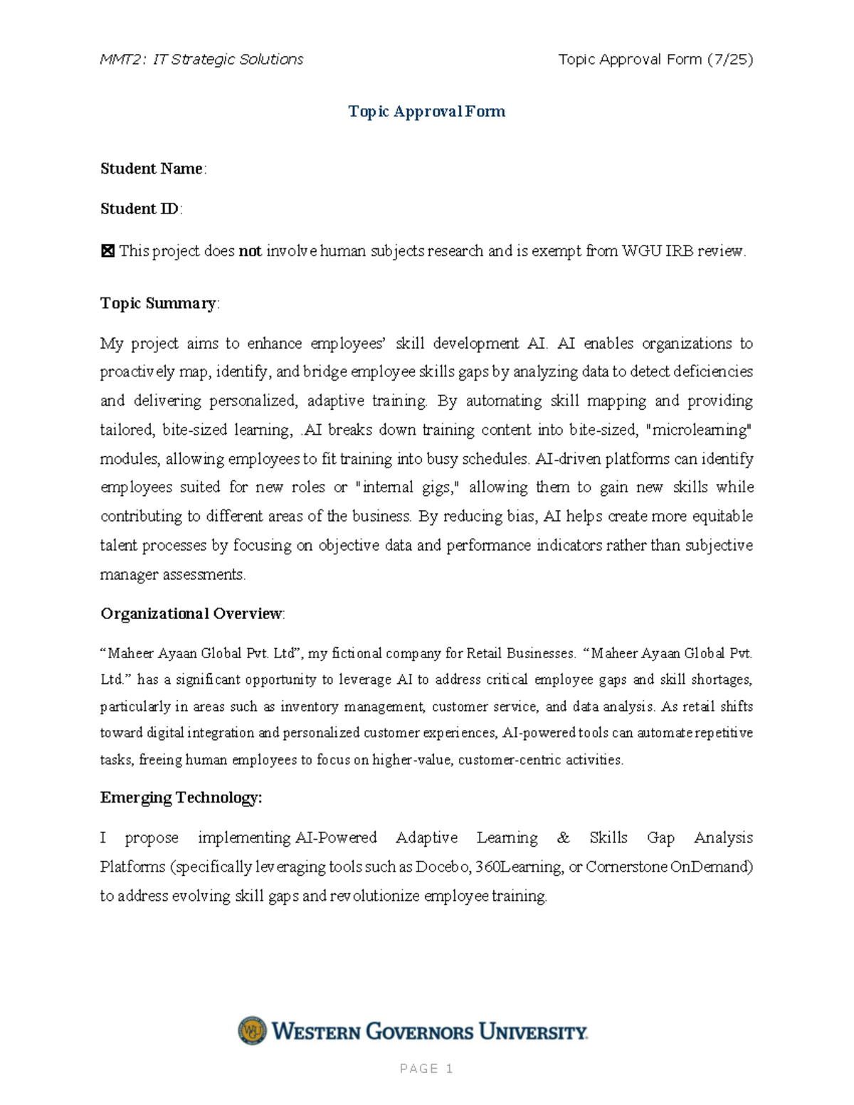 MMT2: IT Strategic Solutions Topic Approval Form on AI Skill ...