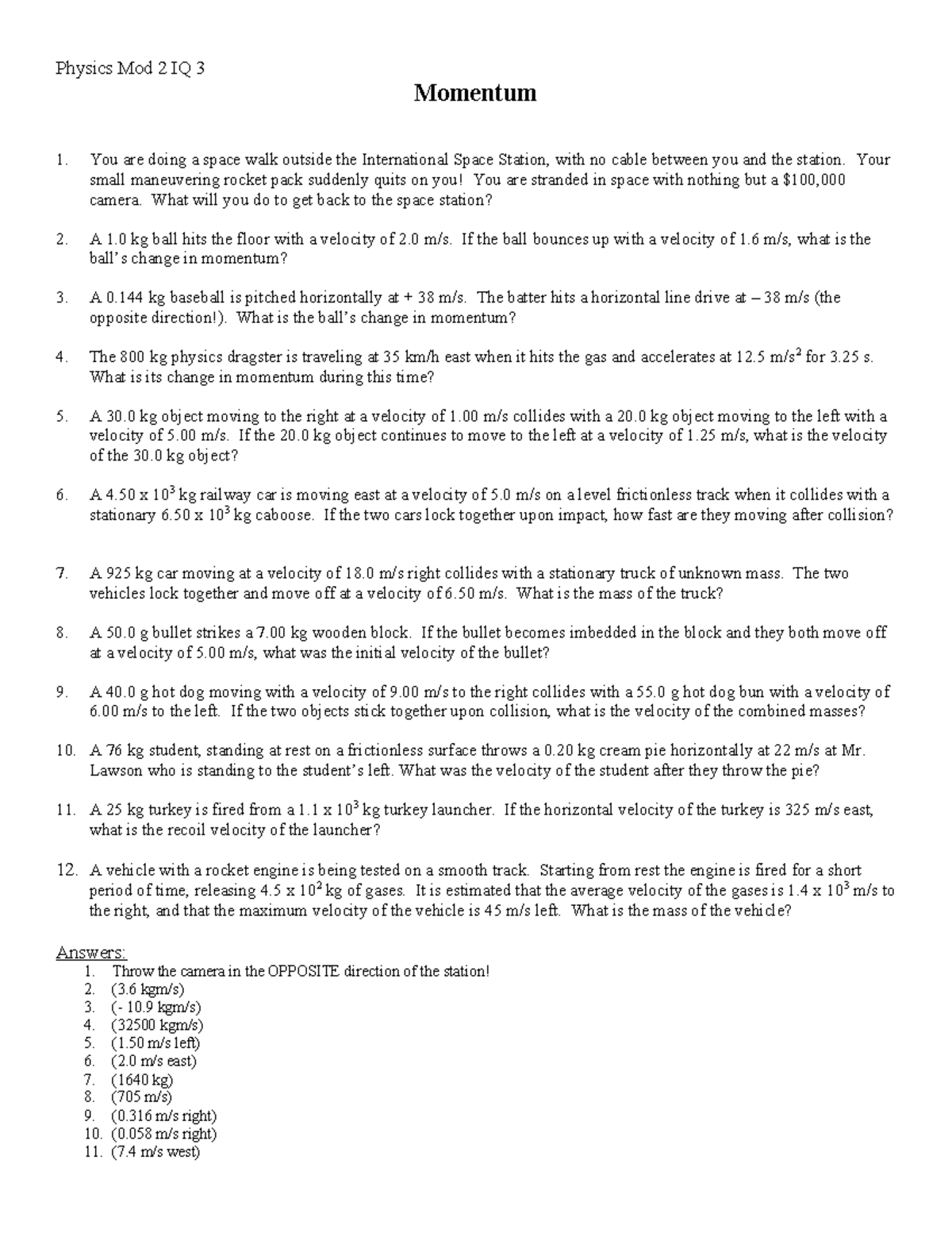 Physics Mod 2 Momentum Questions and Solutions - Studocu