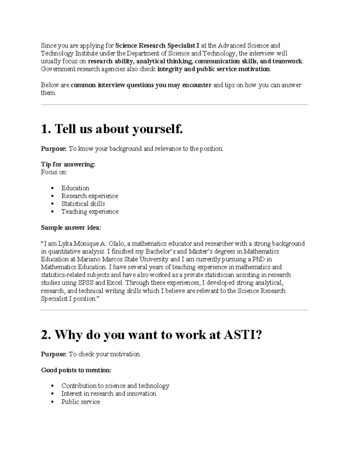 Interview Questions for Science Research Specialist I - cfdg - Studocu