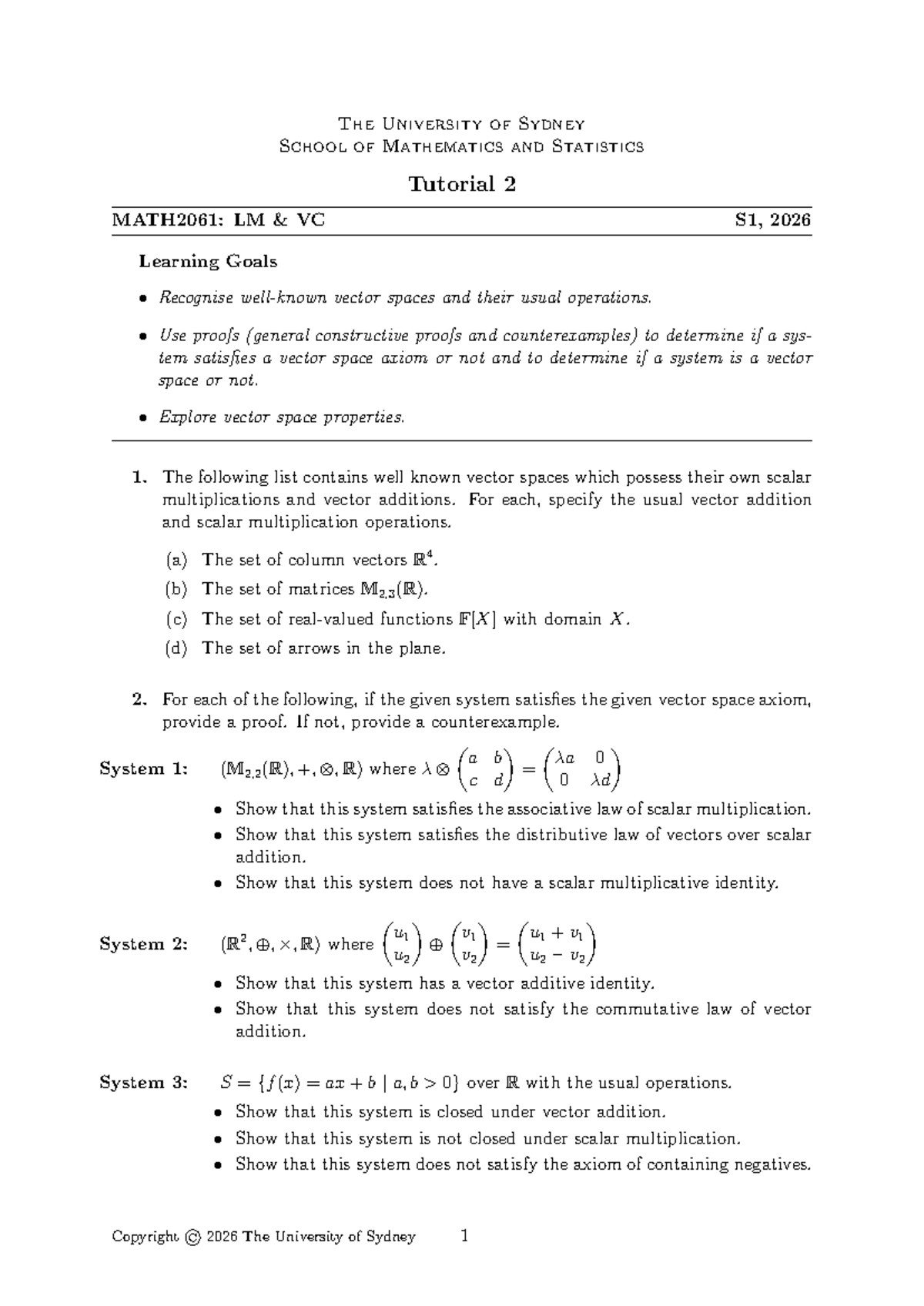 MATH2061: Tutorial 2 on Vector Spaces and Axioms - Studocu