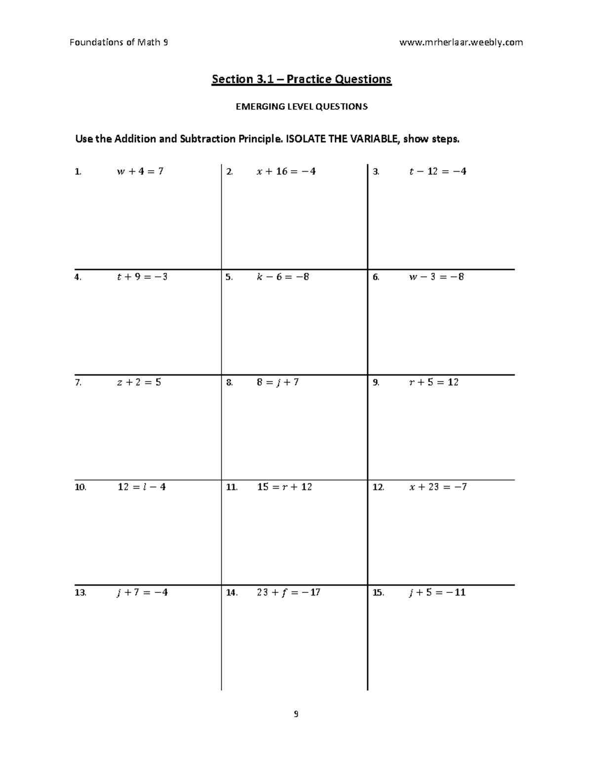 Foundations of Math 9: Practice Questions on Variable Isolation - Studocu