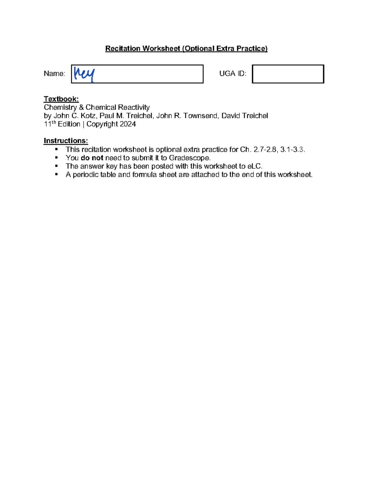 Extra Practice Recitation Worksheet (2.7-2.8, 3.1-3.3) - Key ...