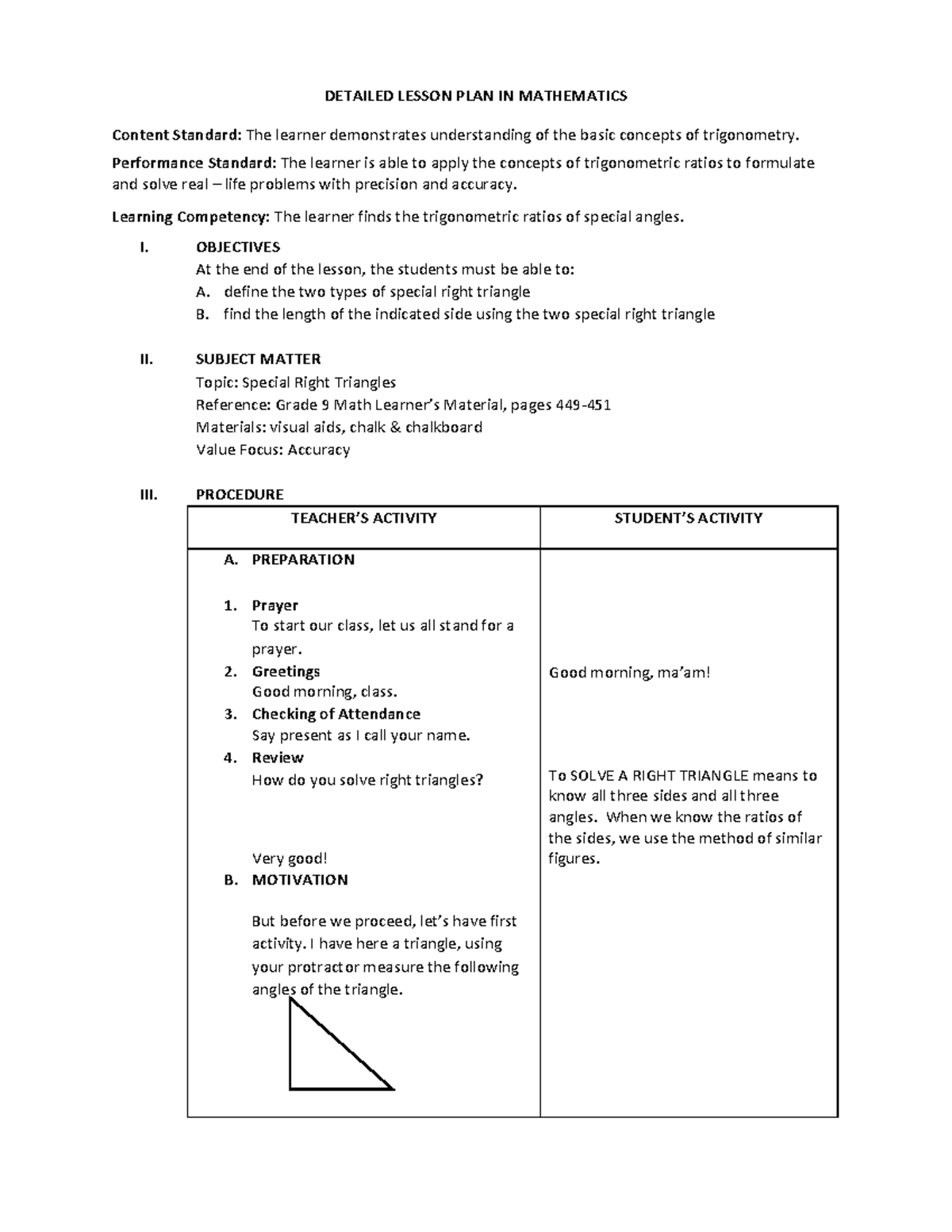 Detailed Lesson Plan on Special Right Triangles (Grade 9 Math) - Studocu
