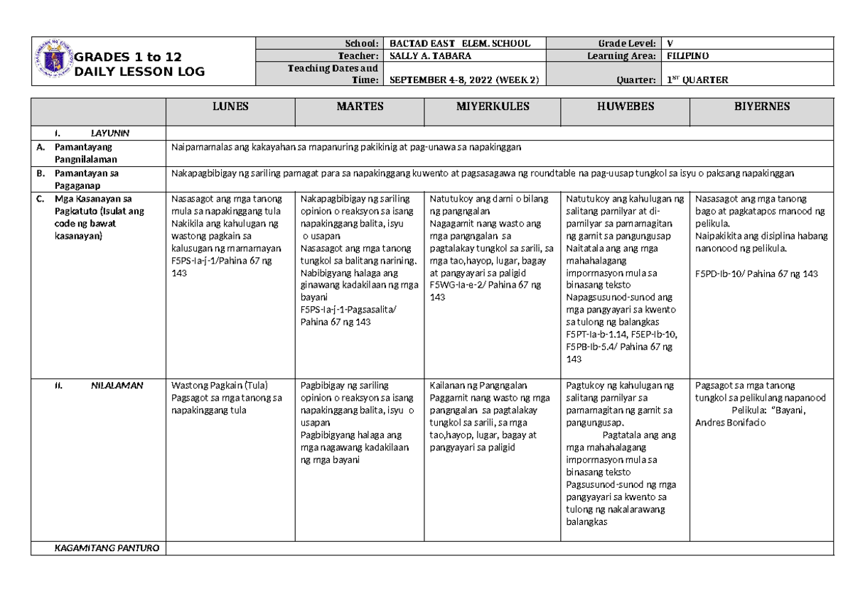 DLL Filipino 5 Q1 W2 - Comprehensive Lesson Plan for Grade V - Studocu