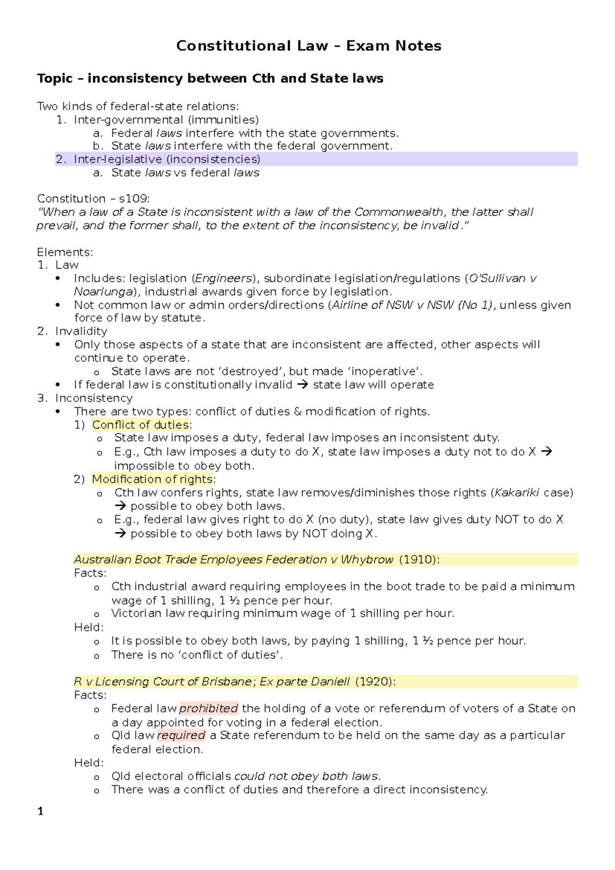 Constitutional Law Exam Notes: Inconsistency Between Cth & State Laws ...
