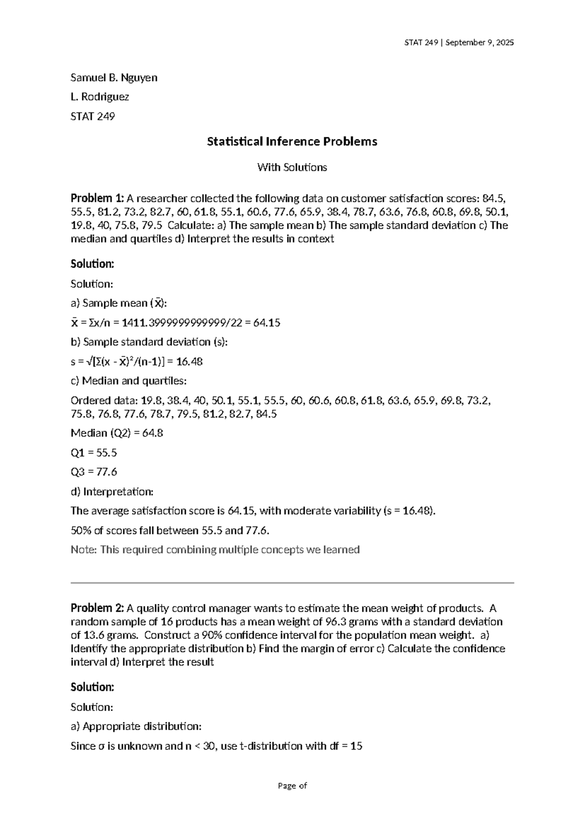 STAT 249 Statistical Inference Problems & Solutions - Studocu
