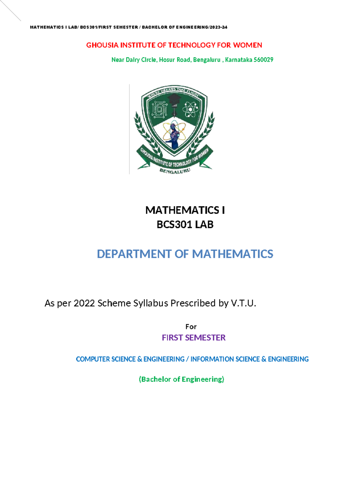 MATHEMATICS I BCS301 SEM LAB Manual - Notes for First Semester
