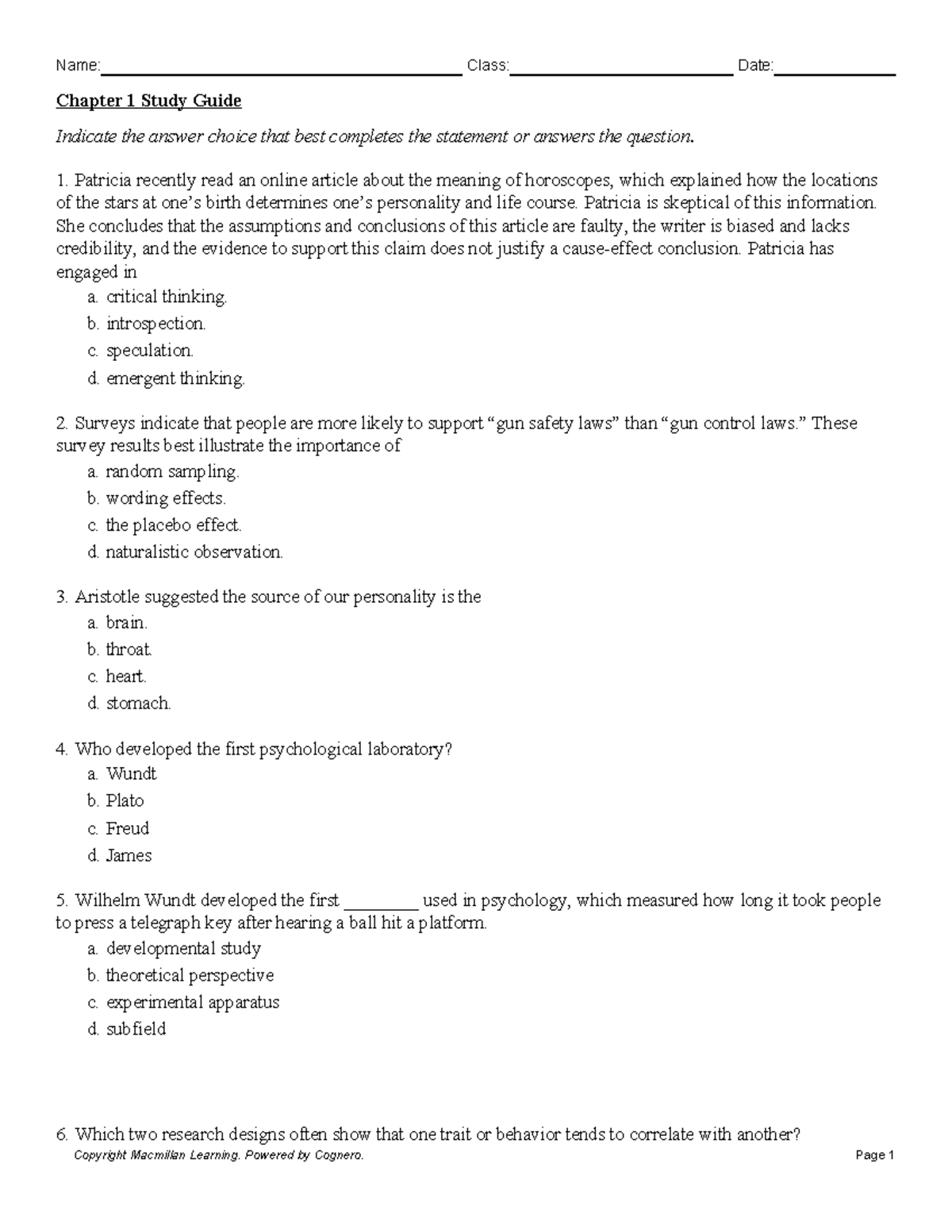 Chapter 1 Study Guide for PSY101: Psychology Concepts and Theories ...
