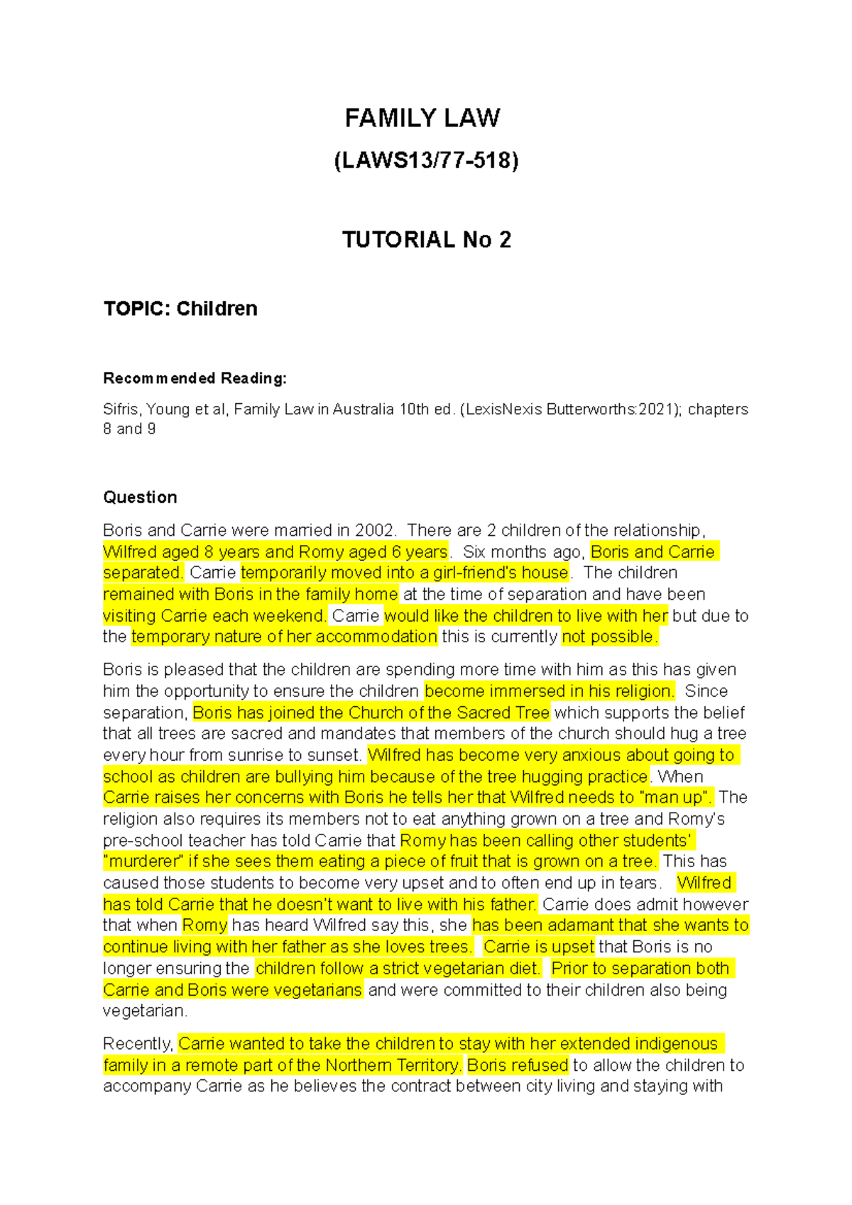 Tutorial (No 2) Family LAW - FAMILY LAW (LAWS13/77-518) TUTORIAL No 2 ...