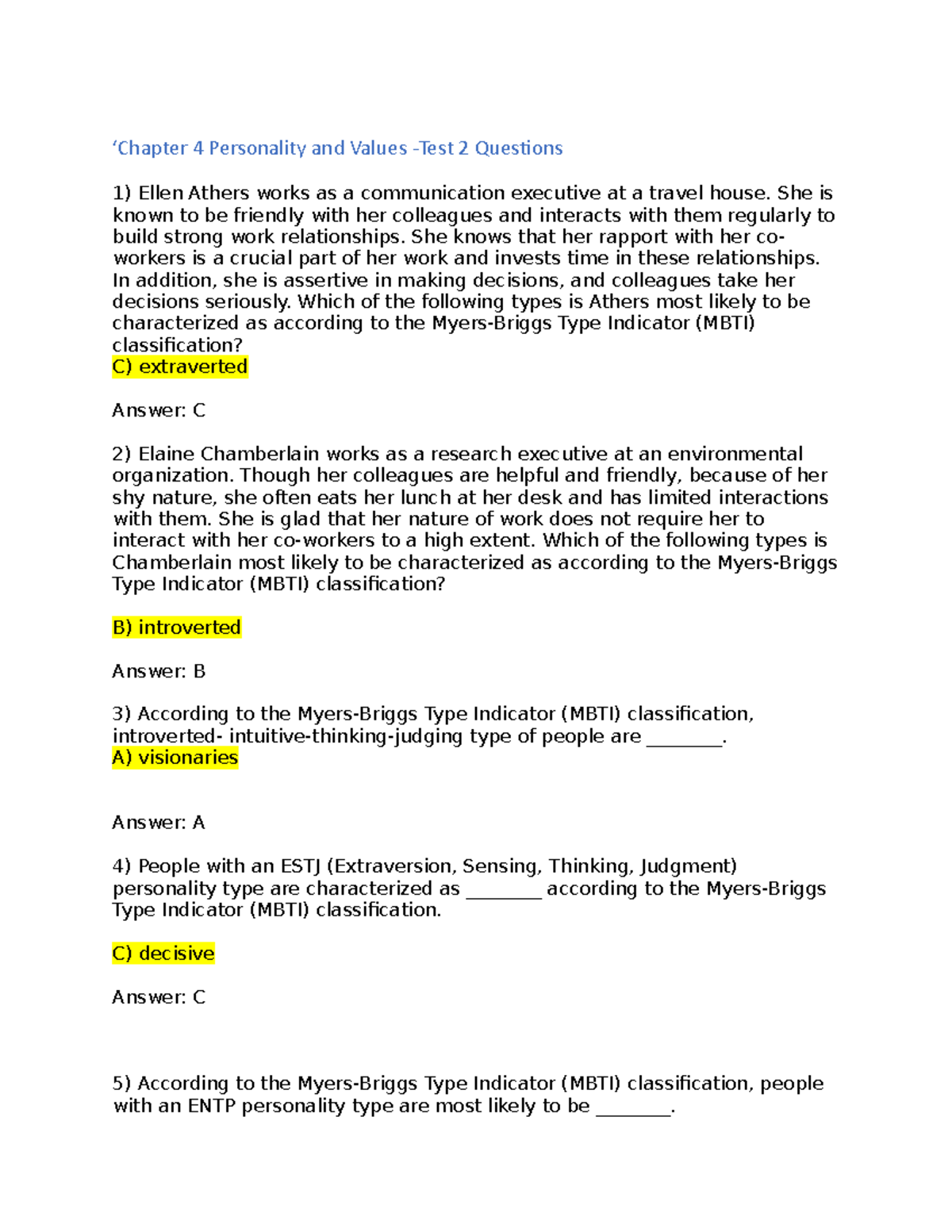 MBTI & Big Five Personality Theories: Exam Answers for PSY 201 - Studocu