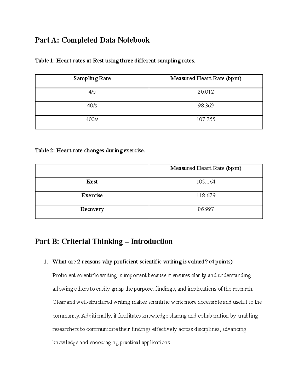 Bio 2A03 Lab Report 1 – Heart Rate Analysis & Intro Evaluation - Studocu
