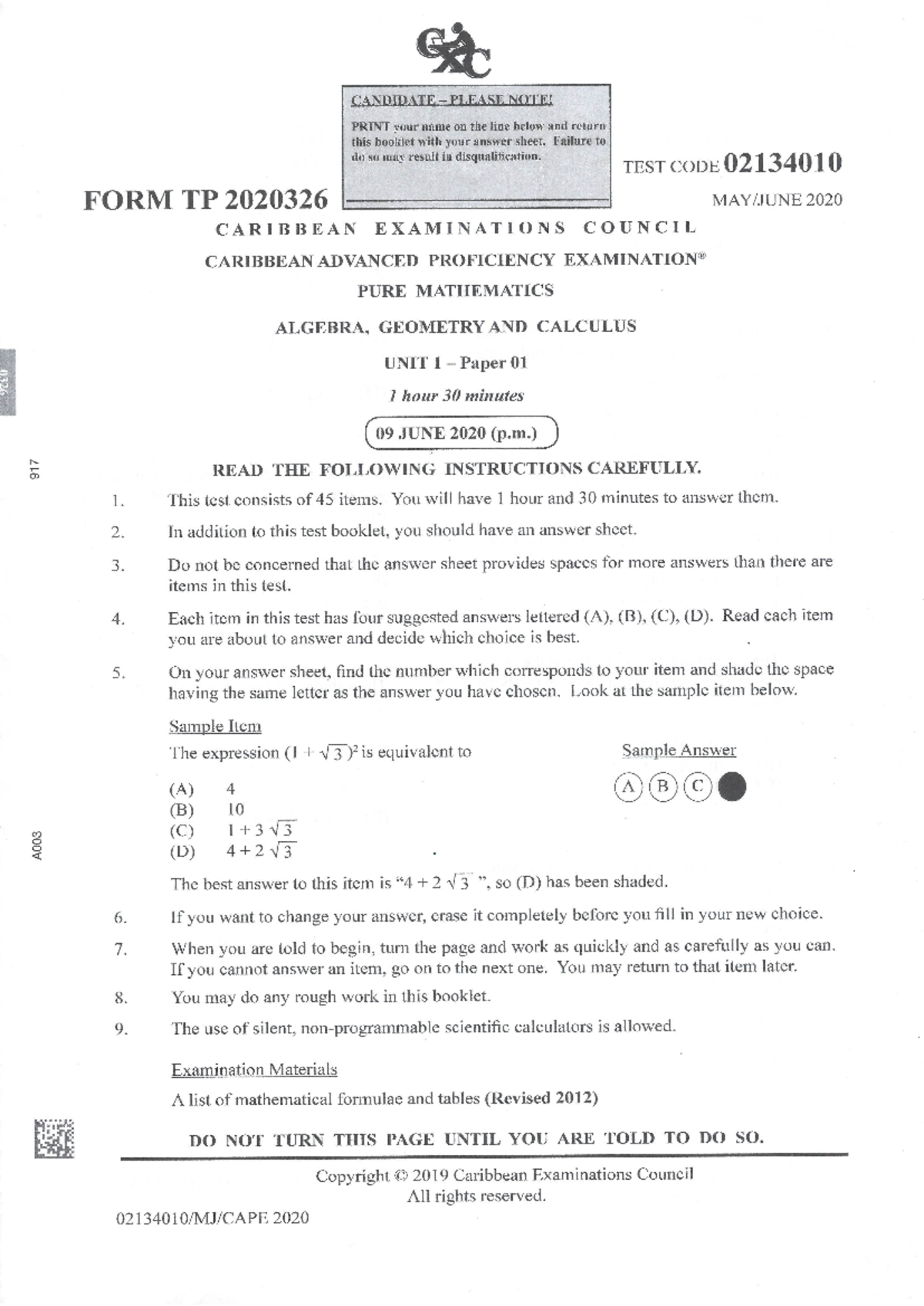 CAPE Pure Mathematics Unit 1 Paper 01 Exam June 2020 Details - Studocu