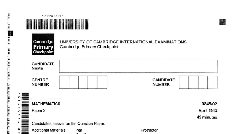 Primary Checkpoint Math 2952002101 April 2013 Paper 2 - Studocu