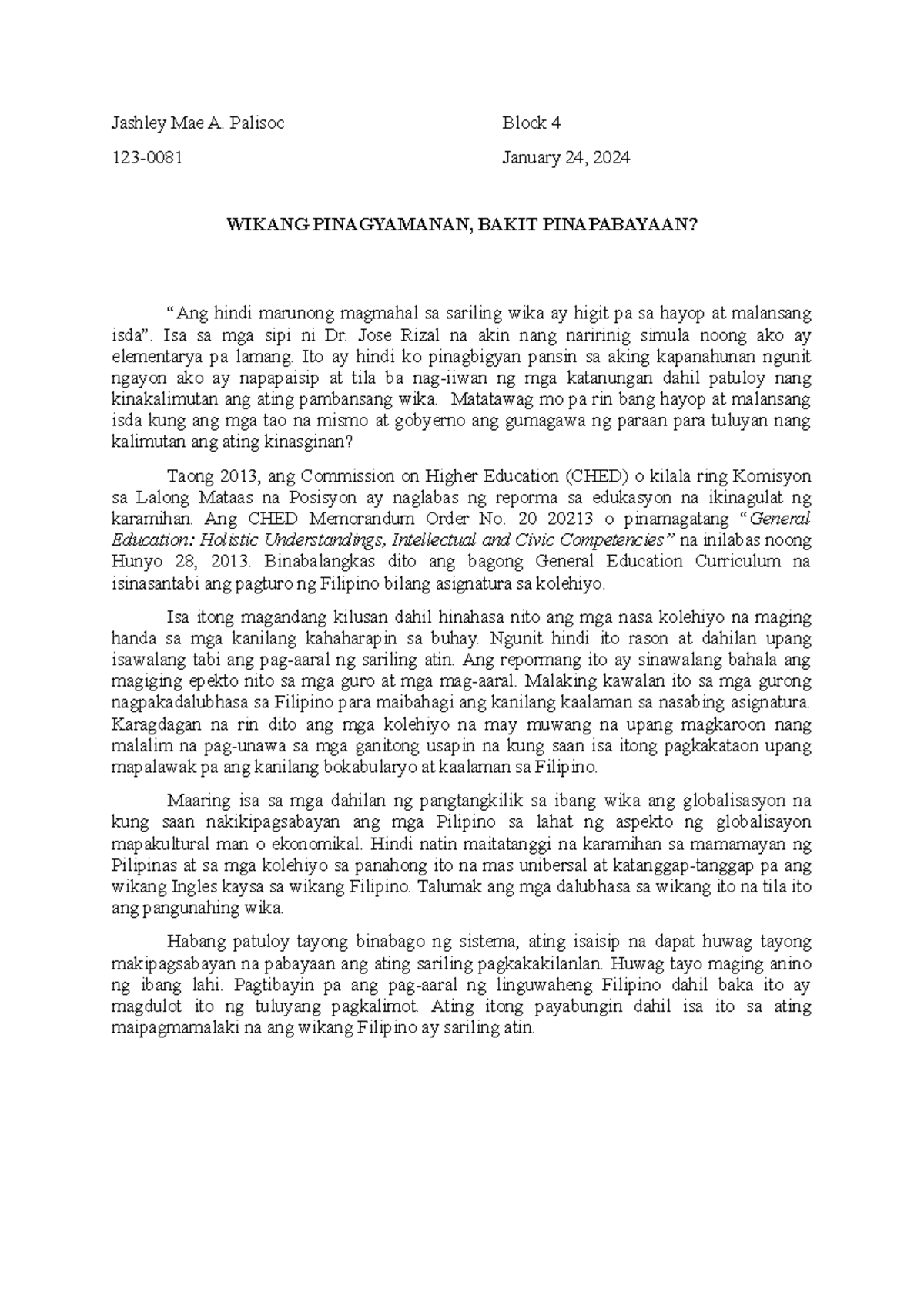 FIL 101 Essay: Pagsusuri sa Kahalagahan ng Wikang Filipino - Studocu