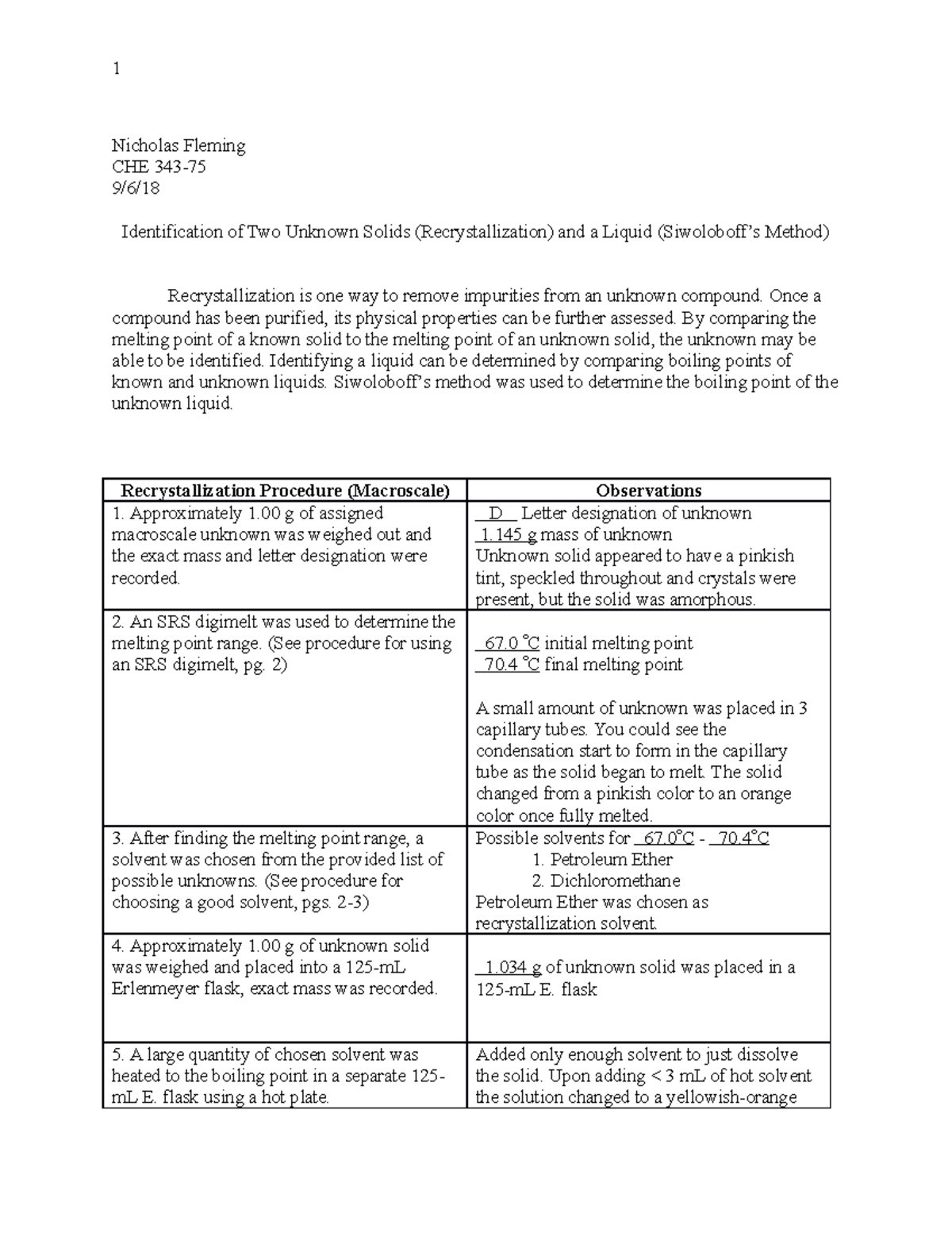 Lab Report 1 - Identification of Two Unknown Solids (Recrystallization ...