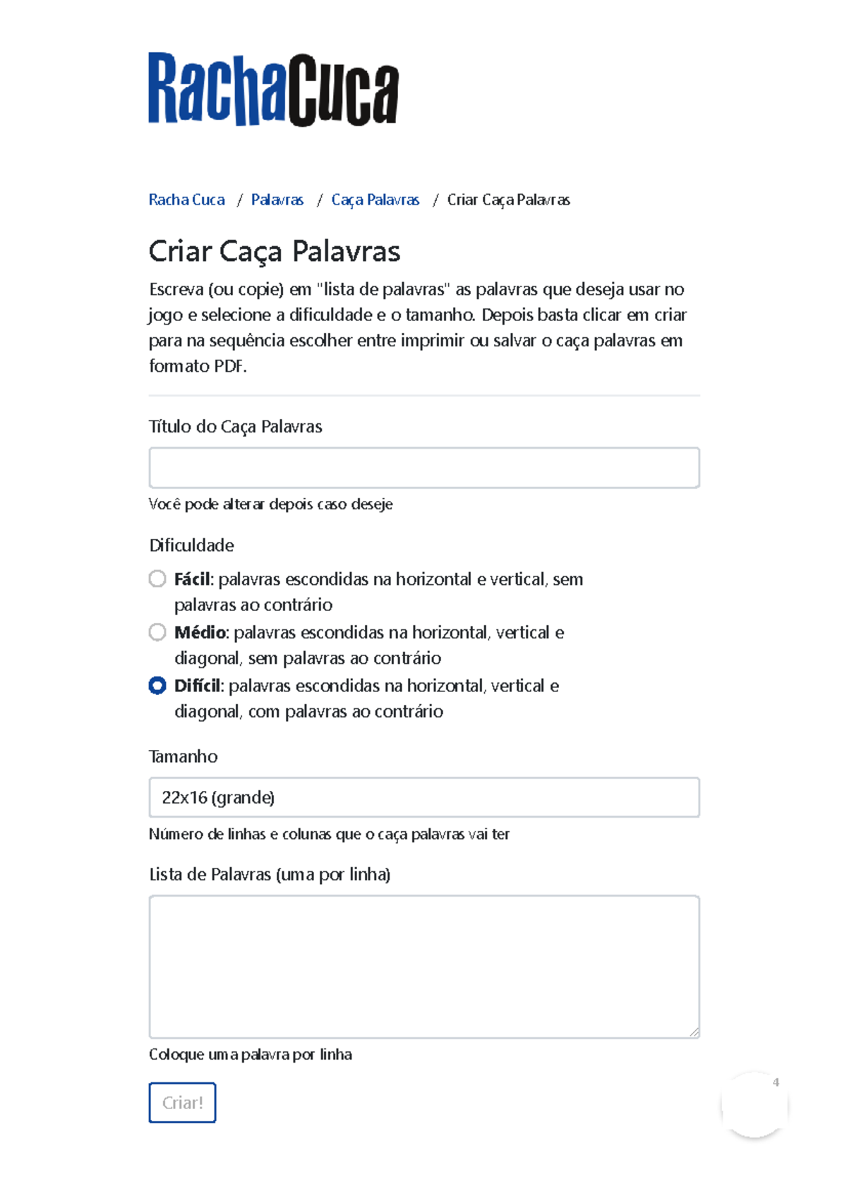 Criar Caça Palavras Personalizado - Racha Cuca - Studocu