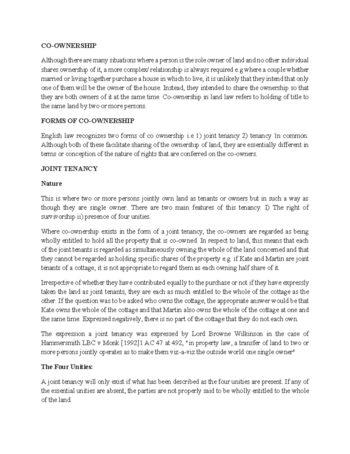 CO-Ownership Notes: Joint Tenancy vs. Tenancy in Common (LAW 101) - Studocu
