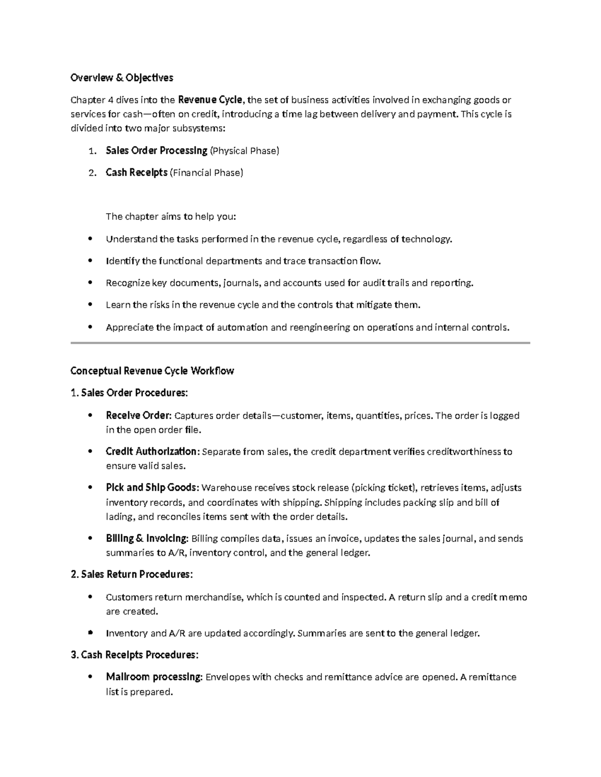 Revenue Cycle Overview: Key Objectives & Processes (Chapter 4) - Studocu
