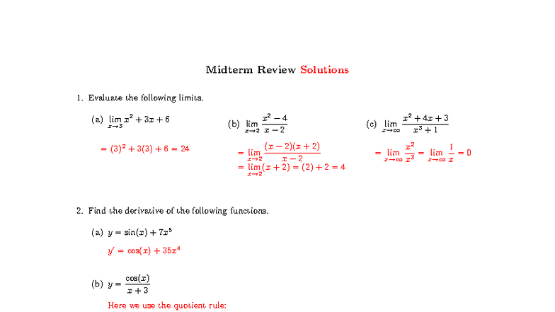 Midterm Review Solutions for Calculus (Worksheet 18) - Studocu