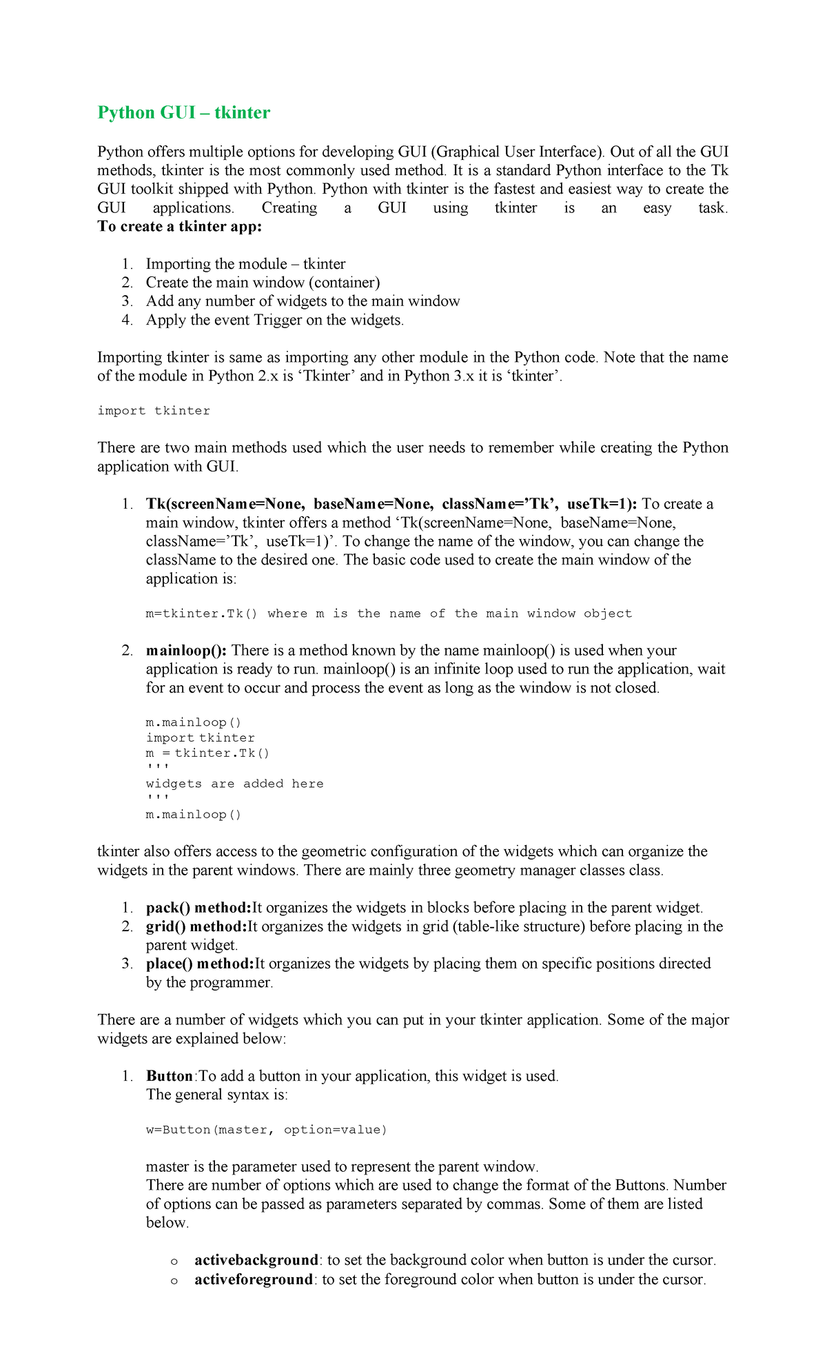 Python-Unit-V: Tkinter GUI Development and SQLite Integration - Studocu