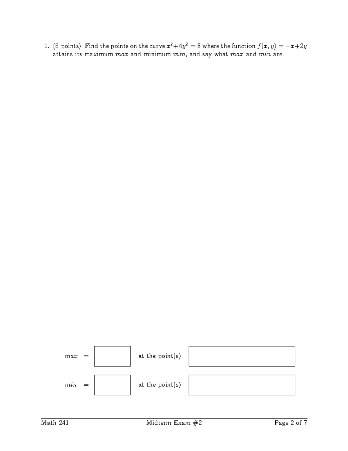 Math 241 Midterm 2 Practice Test: Maxima, Minima, and Integrals - Studocu