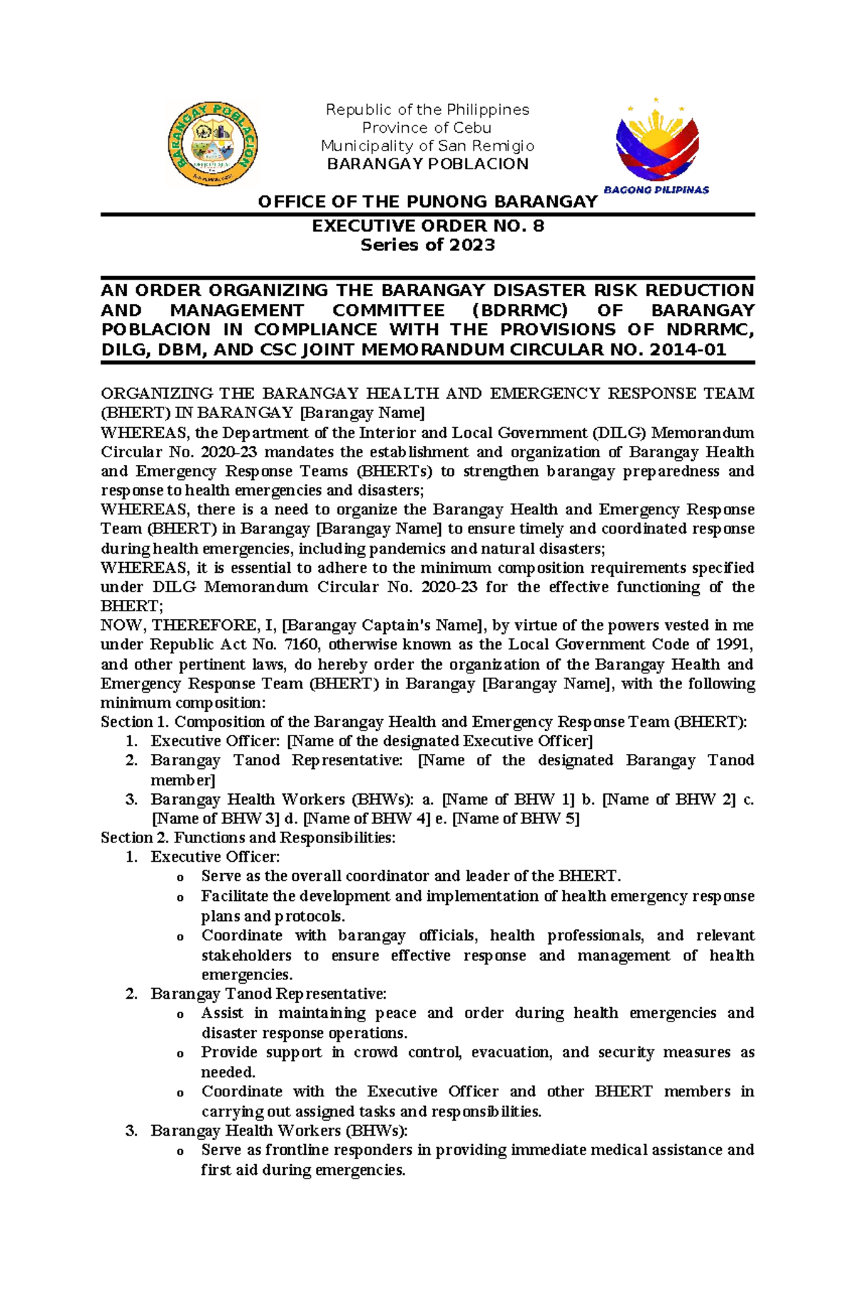 Executive Order No. 8: Organizing BHERT in Barangay Poblacion 2023 ...