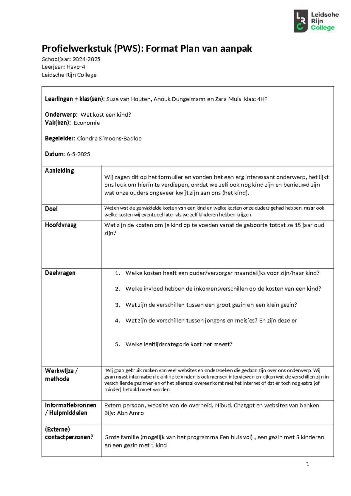 PWS: Format Plan van Aanpak - Wat Kost een Kind? (4HF) - Studeersnel