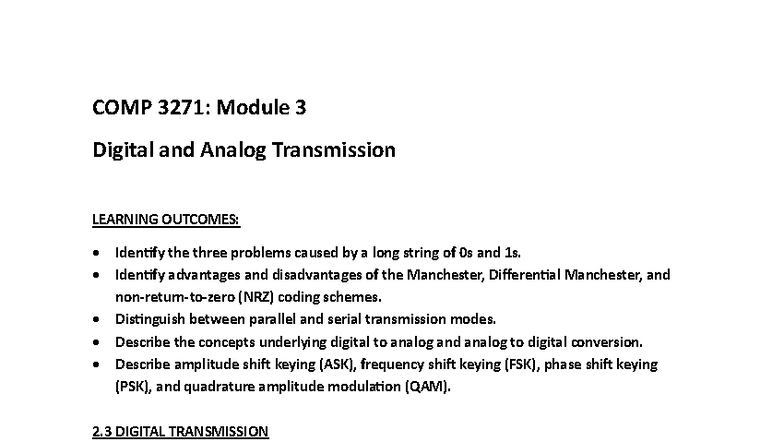 COMP 3271: Module 3 Digital and Analog Transmission Overview - Studocu