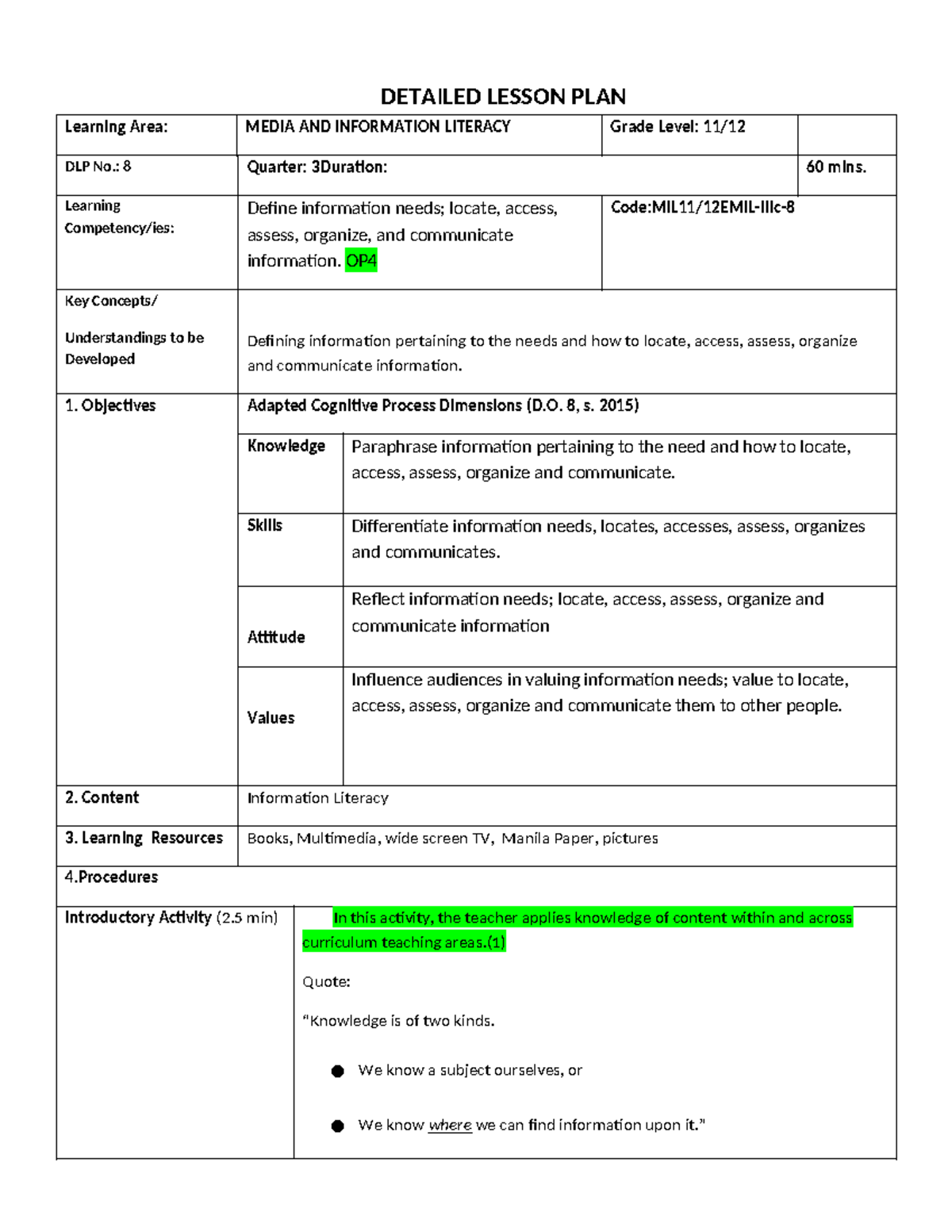 MIL Q1 DLP No. 8: Detailed Lesson Plan on Information Literacy - Studocu